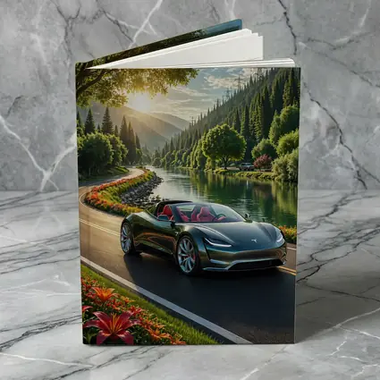Tesla Roadster Speeding Along Scenic River Road