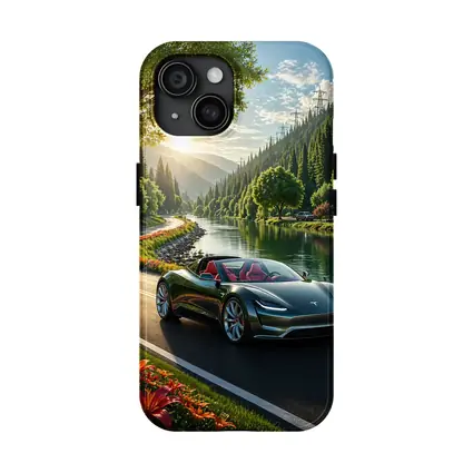 Tesla Roadster Speeding Along Scenic River Road