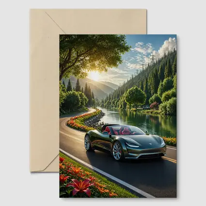 Tesla Roadster Speeding Along Scenic River Road