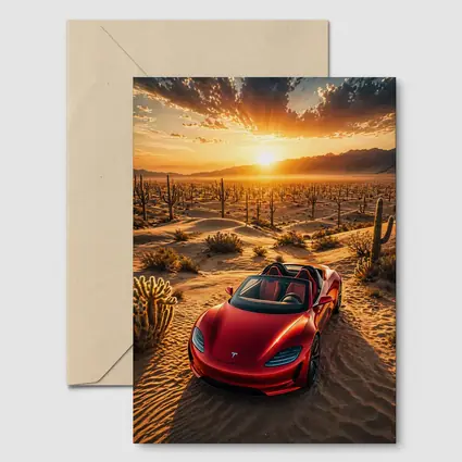 Tesla Roadster Red Desert Sunset Scene