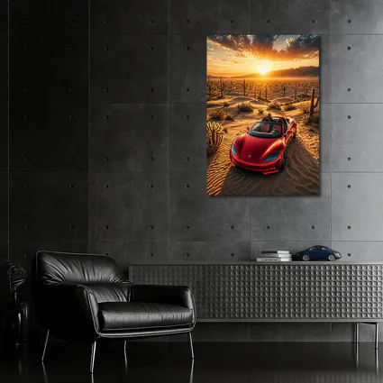 Tesla Roadster Red Desert Sunset Scene