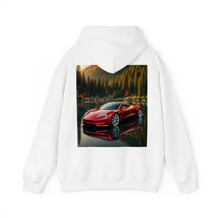 Tesla Roadster Red Reflected Forest Lake