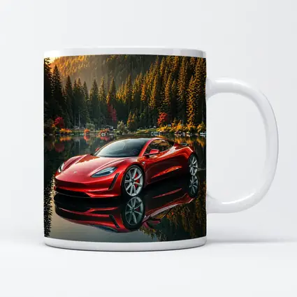 Tesla Roadster Red Reflected Forest Lake