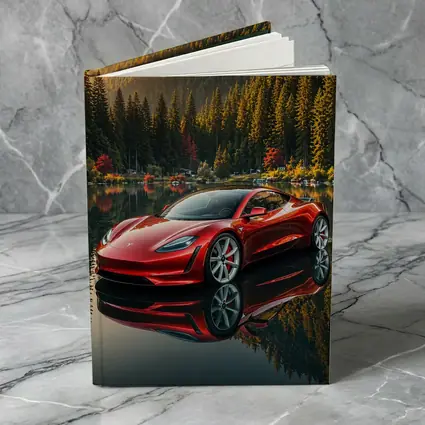 Tesla Roadster Red Reflected Forest Lake