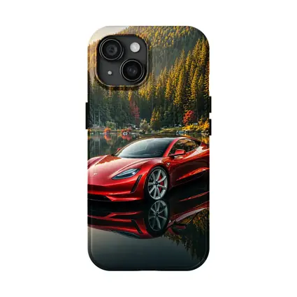 Tesla Roadster Red Reflected Forest Lake