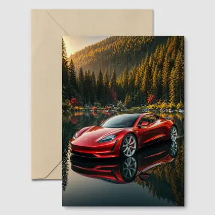 Tesla Roadster Red Reflected Forest Lake