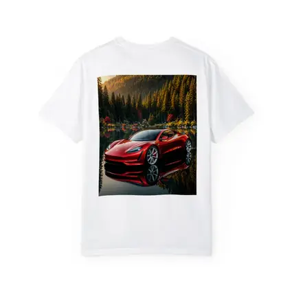 Tesla Roadster Red Reflected Forest Lake
