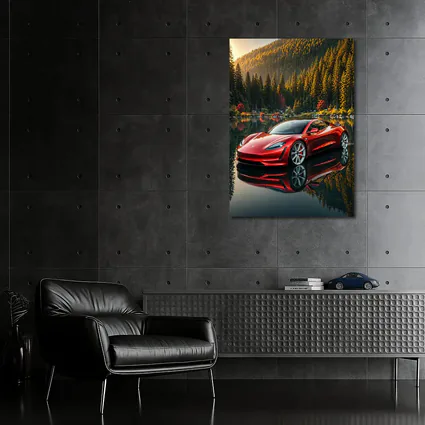 Tesla Roadster Red Reflected Forest Lake
