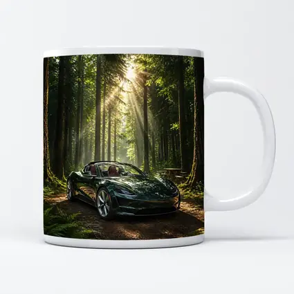 Tesla Roadster Dark Green Forest Sunlight