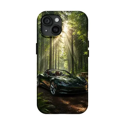 Tesla Roadster Dark Green Forest Sunlight