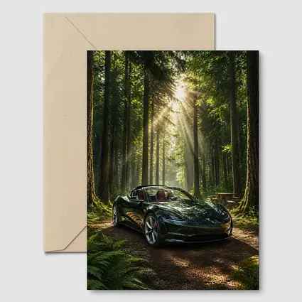 Tesla Roadster Dark Green Forest Sunlight