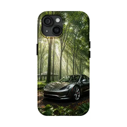Tesla Roadster Silver Car Forest Sunlight