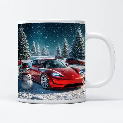 Tesla Roadster Red Car Winter Snow Scene