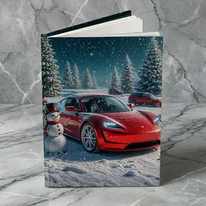 Tesla Roadster Red Car Winter Snow Scene