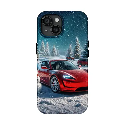 Tesla Roadster Red Car Winter Snow Scene