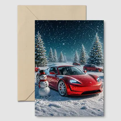 Tesla Roadster Red Car Winter Snow Scene