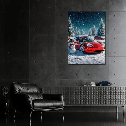 Tesla Roadster Red Car Winter Snow Scene