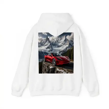 Tesla Roadster Red Car Snowy Mountain