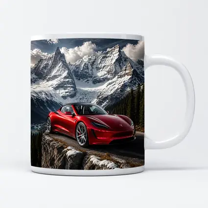Tesla Roadster Red Car Snowy Mountain