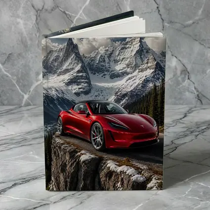 Tesla Roadster Red Car Snowy Mountain