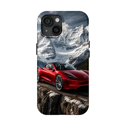 Tesla Roadster Red Car Snowy Mountain