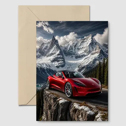 Tesla Roadster Red Car Snowy Mountain