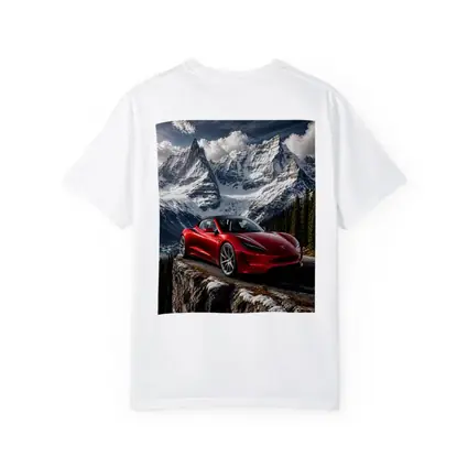 Tesla Roadster Red Car Snowy Mountain