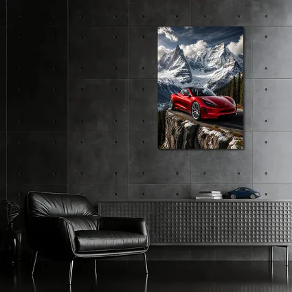 Tesla Roadster Red Car Snowy Mountain