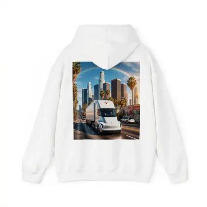 Tesla Semi Truck Los Angeles Skyline Rainbow