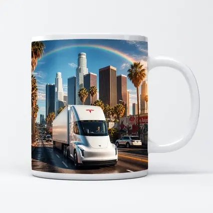 Tesla Semi Truck Los Angeles Skyline Rainbow