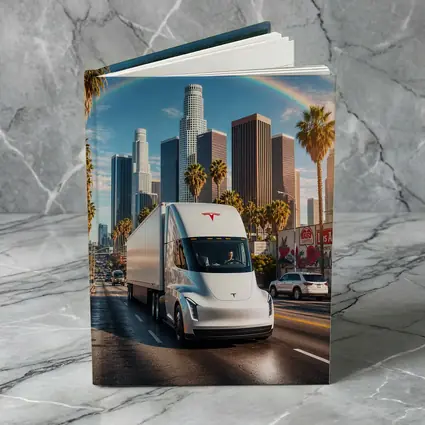 Tesla Semi Truck Los Angeles Skyline Rainbow