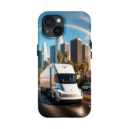 Tesla Semi Truck Los Angeles Skyline Rainbow