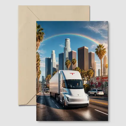 Tesla Semi Truck Los Angeles Skyline Rainbow