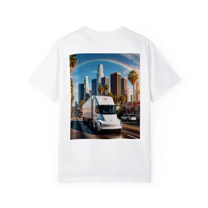 Tesla Semi Truck Los Angeles Skyline Rainbow