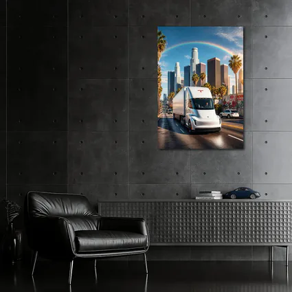 Tesla Semi Truck Los Angeles Skyline Rainbow