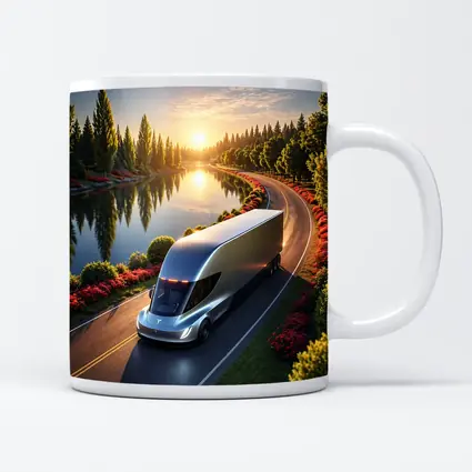Tesla Semi Truck Driving by Sunset Lake