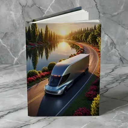 Tesla Semi Truck Driving by Sunset Lake