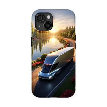 Tesla Semi Truck Driving by Sunset Lake