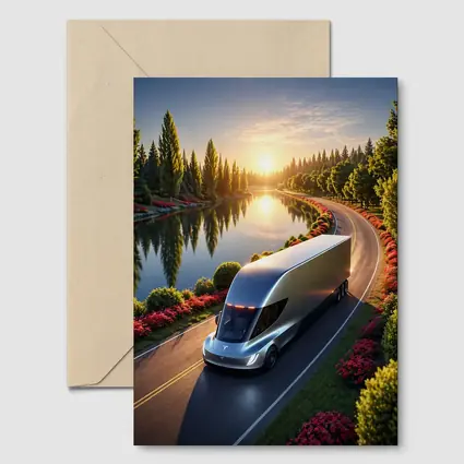 Tesla Semi Truck Driving by Sunset Lake