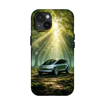 Tesla Model Y Futuristic Forest Sun Rays