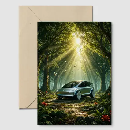 Tesla Model Y Futuristic Forest Sun Rays