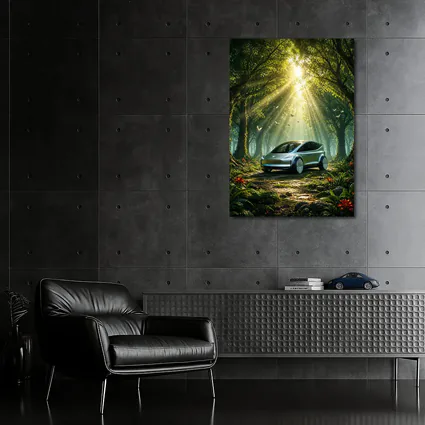 Tesla Model Y Futuristic Forest Sun Rays