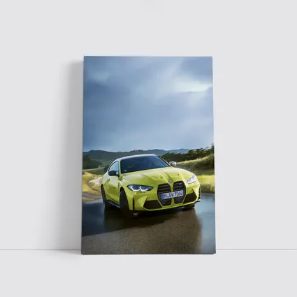 BMW M4 Competition Yellow on Wet Road