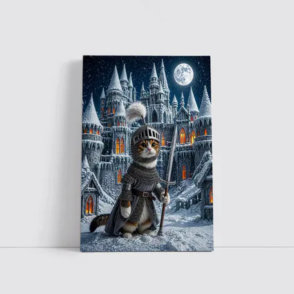 Cat Knight Snow Castle Moon Night