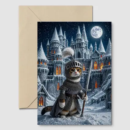 Cat Knight Snow Castle Moon Night