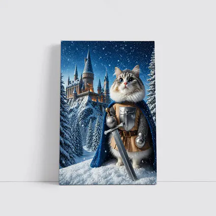 Cat Knight in Armor at Snowy Castle