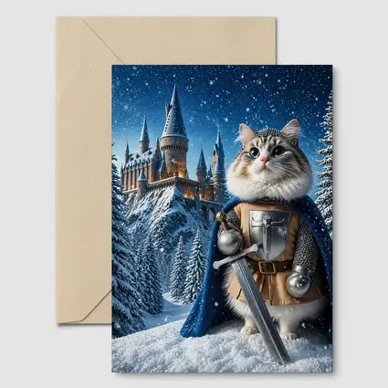 Cat Knight in Armor at Snowy Castle