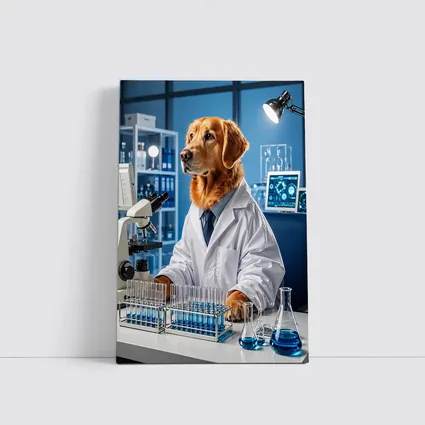 Golden Retriever Scientist In Blue Laboratory
