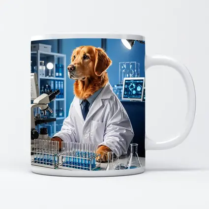 Golden Retriever Scientist In Blue Laboratory