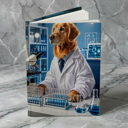 Golden Retriever Scientist In Blue Laboratory